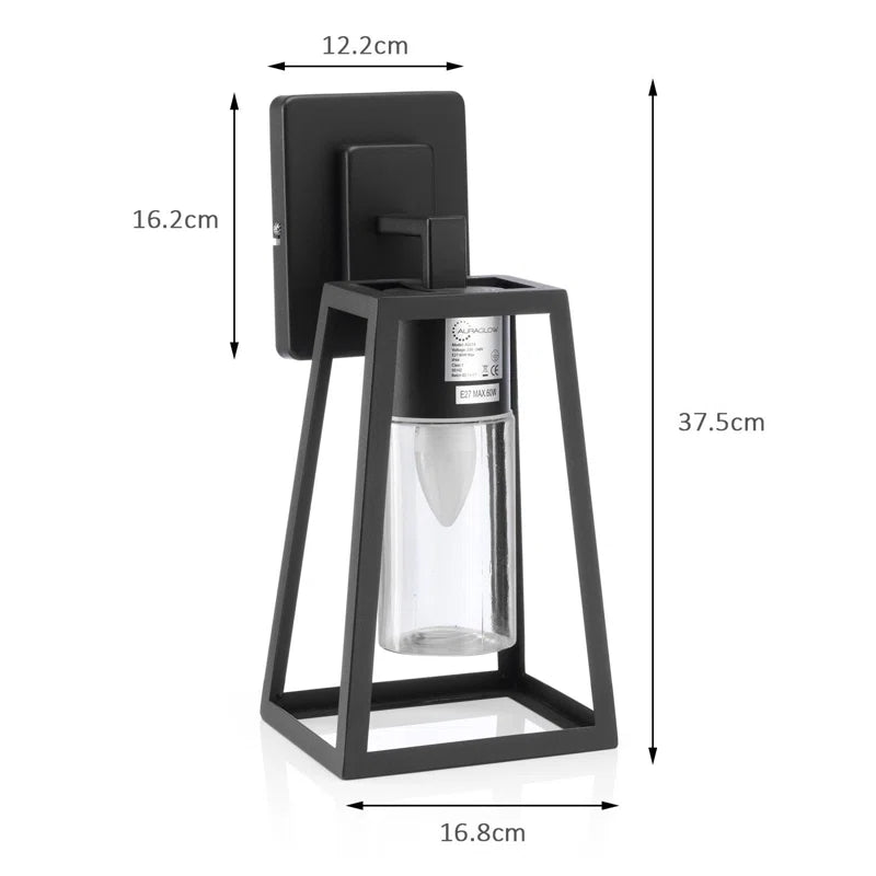 Garibay black outdoor wall lantern by TheChandelierCo, 37.5cm tall with warm white lighting, suitable for exterior wall mounting.
