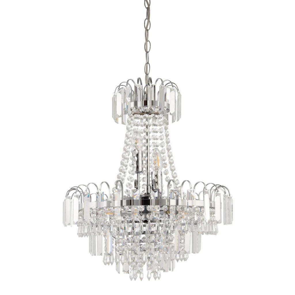 Elegant Jayla 6 light chandelier by TheChandelierCo featuring a modern design with six illuminated light fixtures and sleek finishes.