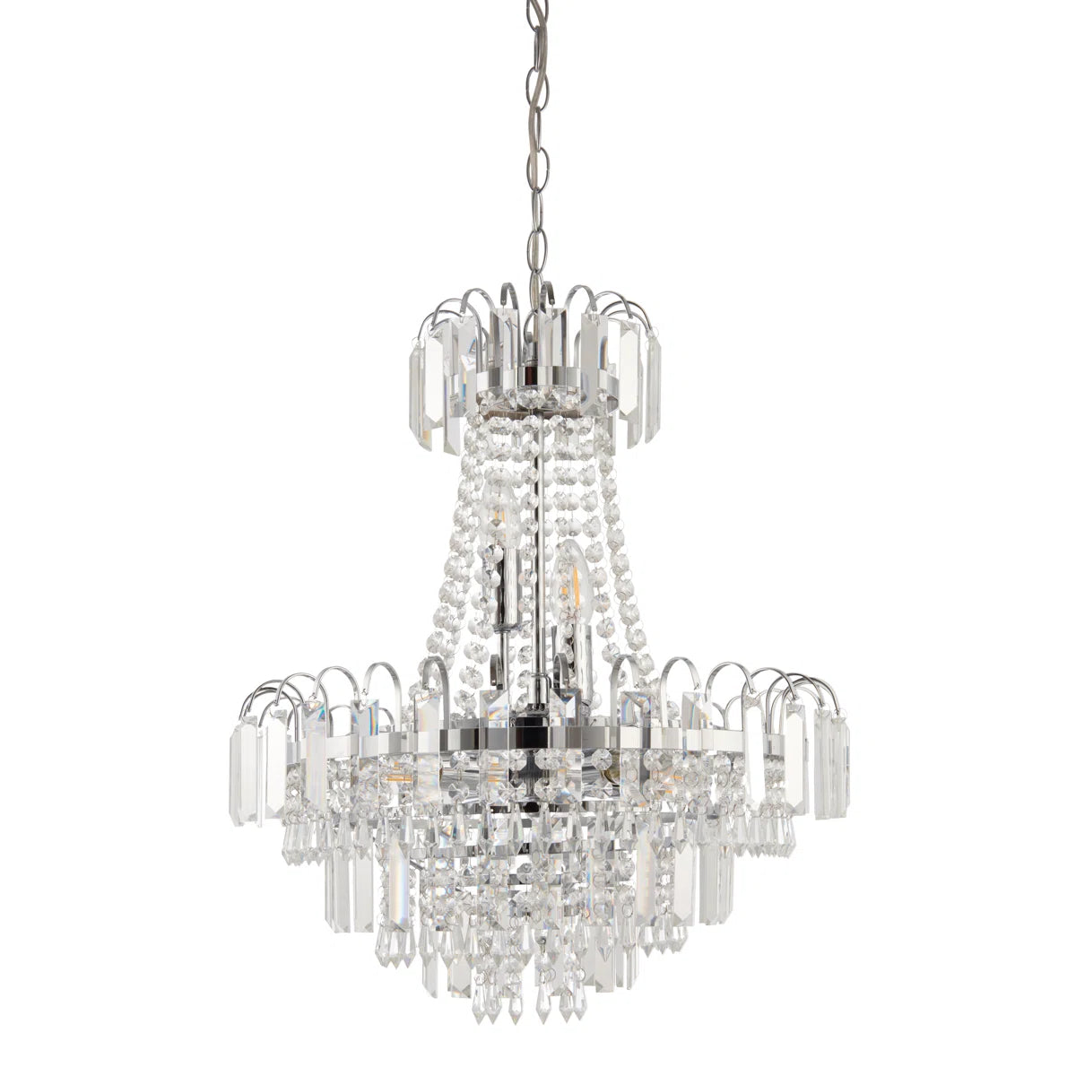 Elegant Jayla 6 light chandelier by TheChandelierCo featuring a modern design with six illuminated light fixtures and sleek finishes.