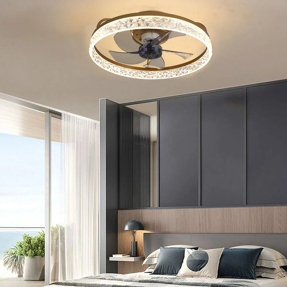 Kappa 48cm crystal ceiling fan by TheChandelierCo with LED lights, featuring a modern design and decorative crystal accents.