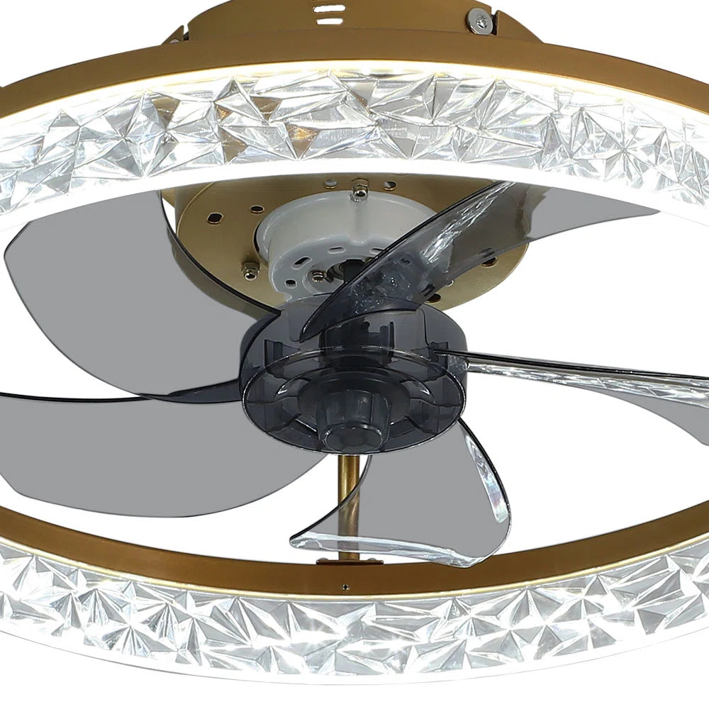 Kappa 48cm crystal ceiling fan with LED lights and modern design, featuring clear crystal accents and sleek metal finish.
