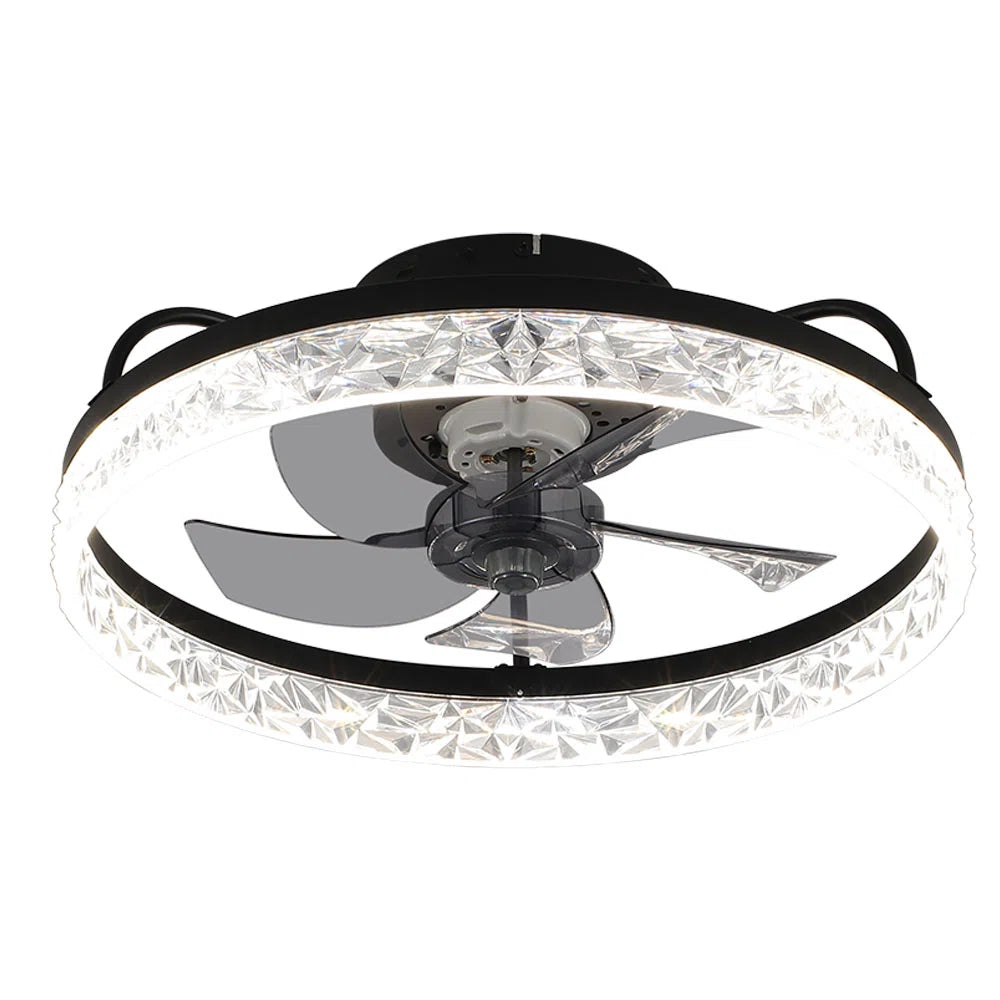 Kappa 48cm crystal ceiling fan with LED lights, modern design, featuring transparent crystal accents and sleek metal finish.