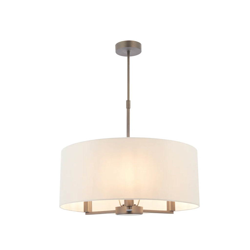 Three-light drum chandelier with a modern design featuring a sleek metal frame and fabric drum shades, by TheChandelierCo.