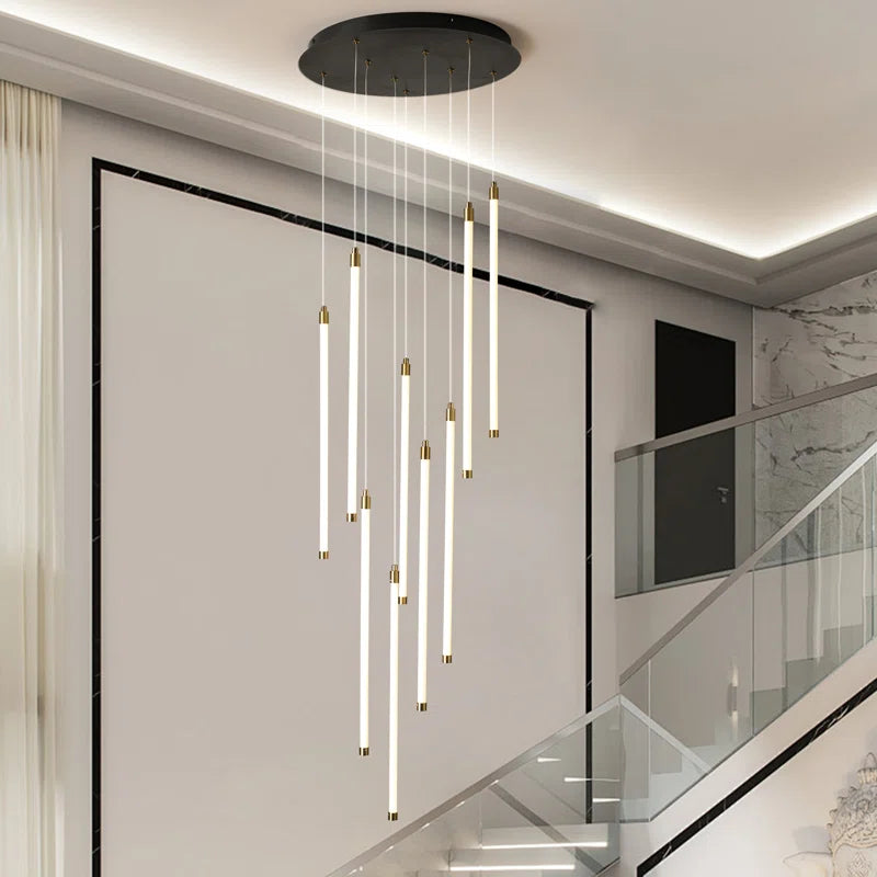 Modern Keiri 9 LED staircase cluster pendant light by TheChandelierCo with dimmable, sleek design and multiple light fixtures.