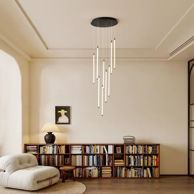 Modern dimmable LED staircase pendant light with nine sleek Keiri 9 cluster fixtures by TheChandelierCo, ideal for contemporary interiors.