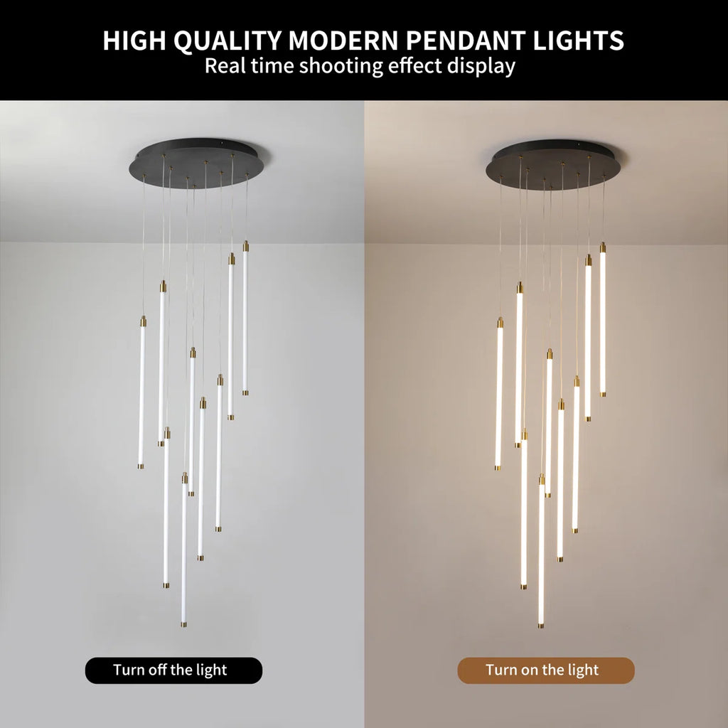 Modern Keiri 9 LED staircase cluster pendant by TheChandelierCo, featuring dimmable light and sleek contemporary design.