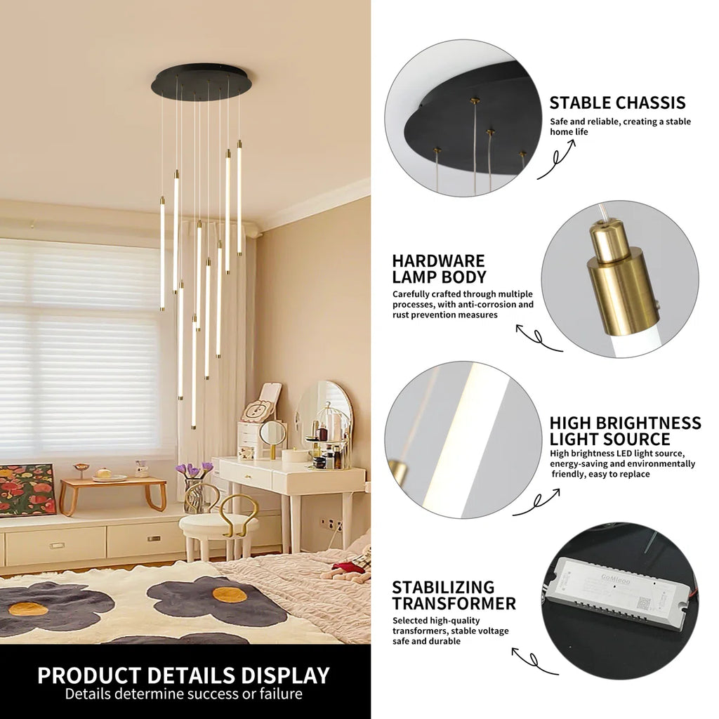 Modern dimmable LED staircase cluster pendant light by TheChandelierCo, featuring sleek design and multiple light bulbs.
