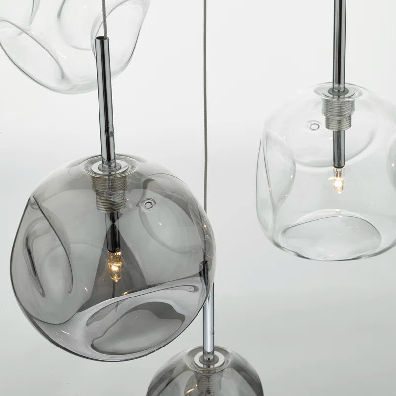 Kensley 6-light chrome cluster pendant chandelier with modern design, featuring six exposed bulbs and sleek light chrome finish.