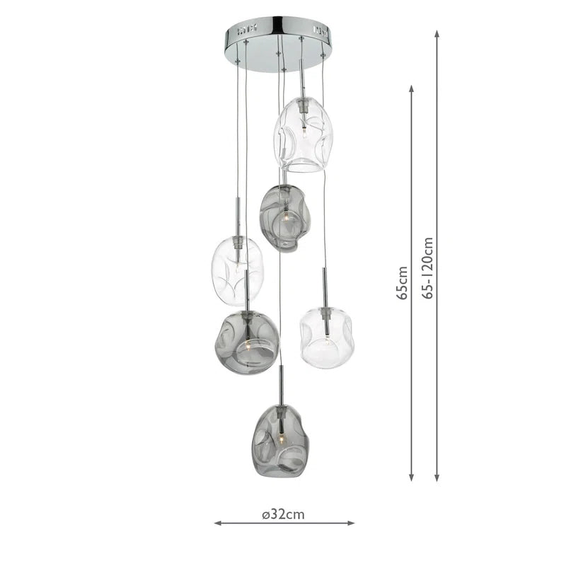 Kensley 6-light chrome cluster pendant light from TheChandelierCo with six glass shades hanging in a modern design