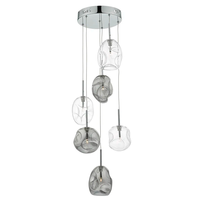 Kensley 6-light chrome cluster pendant light fixture with six glass shades hanging from a sleek chrome frame.