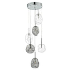 Kensley 6-light chrome cluster pendant light fixture with six glass shades hanging from a sleek chrome frame.