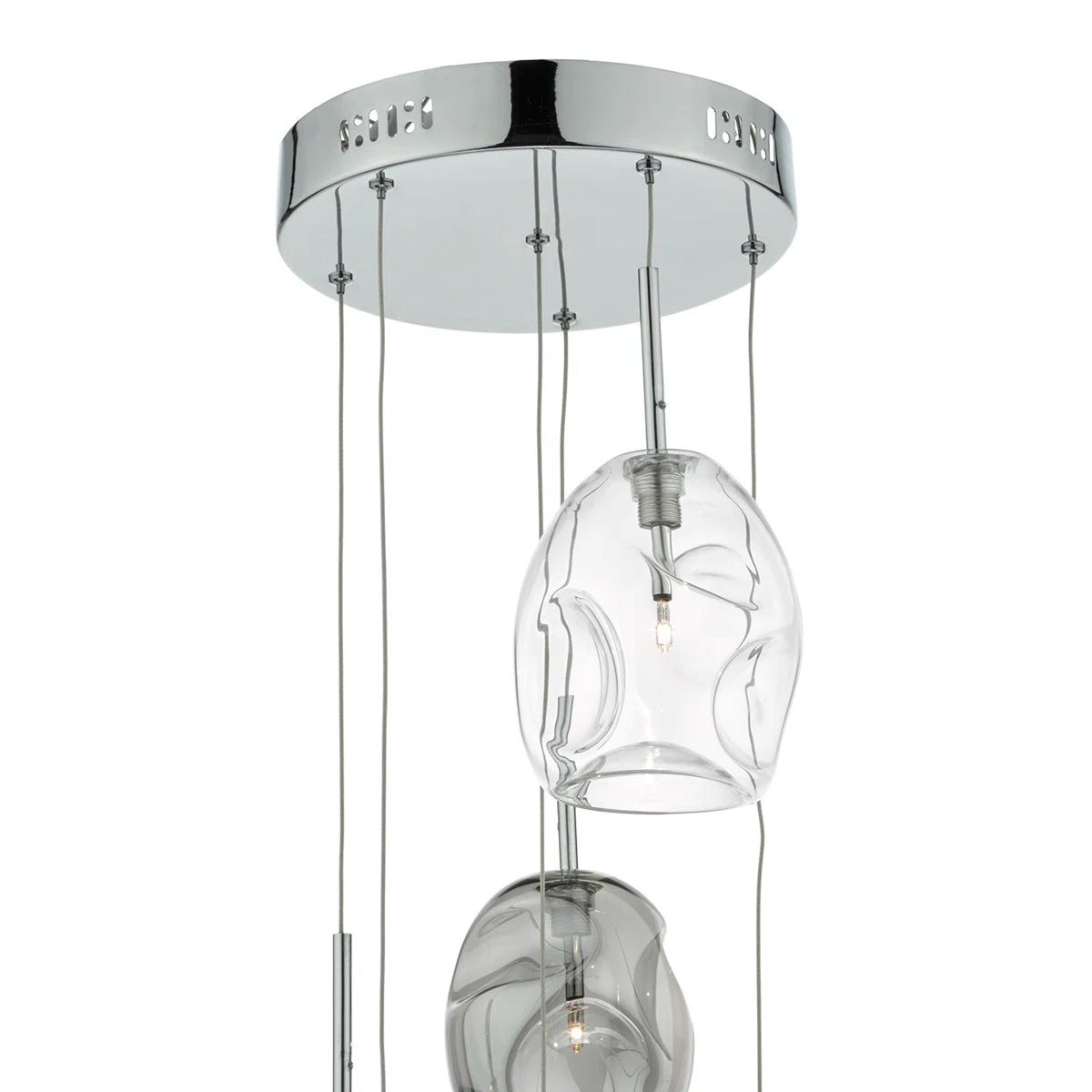 Kensley 6 light chrome cluster pendant chandelier with six hanging light fixtures and modern design.