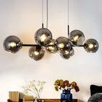 LED pendant chandelier with 8 glass lights, E27 bulbs, height-adjustable design, Lailah model by TheChandelierCo, 105cm tall.