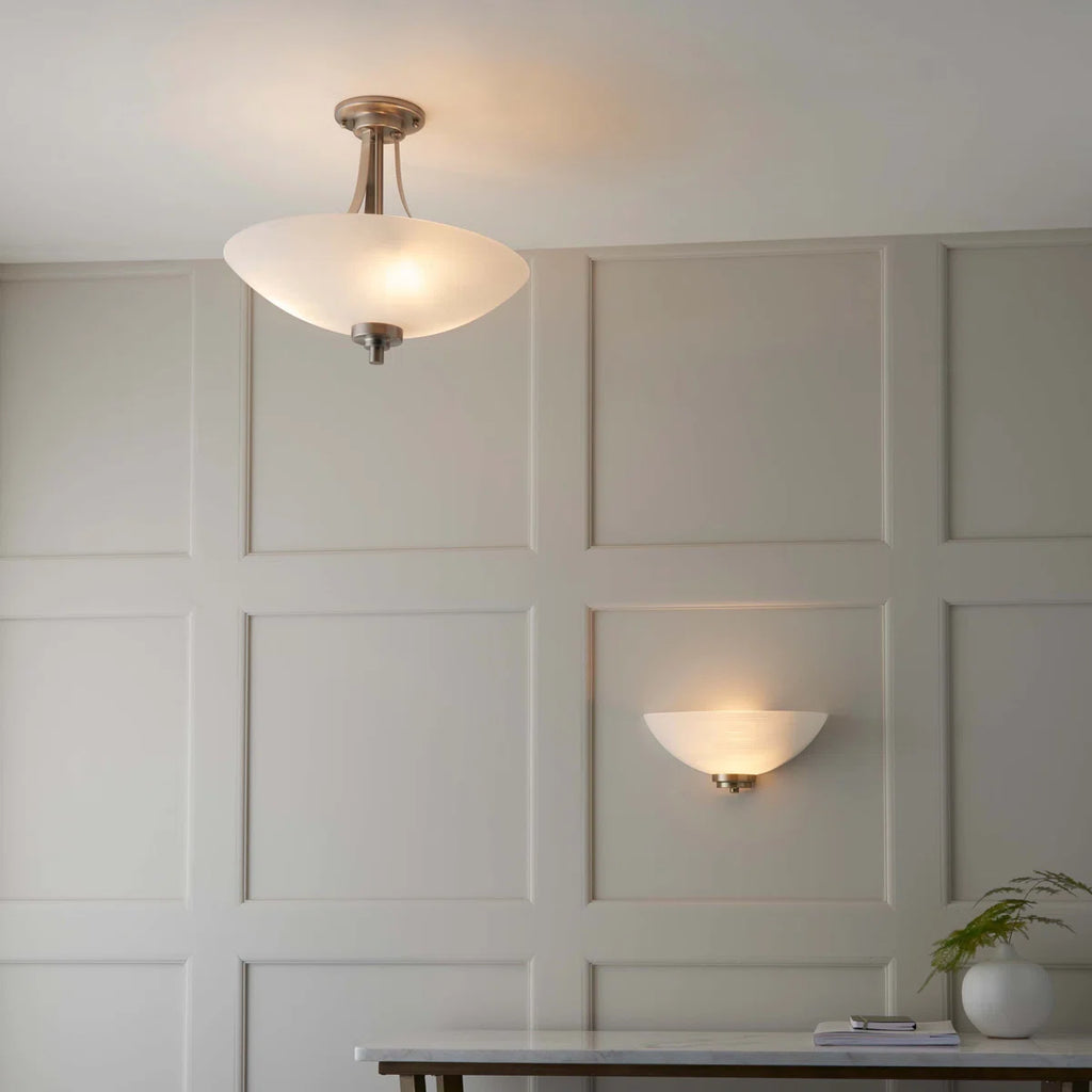 Miltiades glass semi-flush mount ceiling light from TheChandelierCo with clear glass shade and modern design.