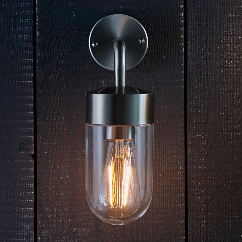Myla 21cm H outdoor wall lantern by TheChandelierCo features a classic black metal frame and clear glass panels.