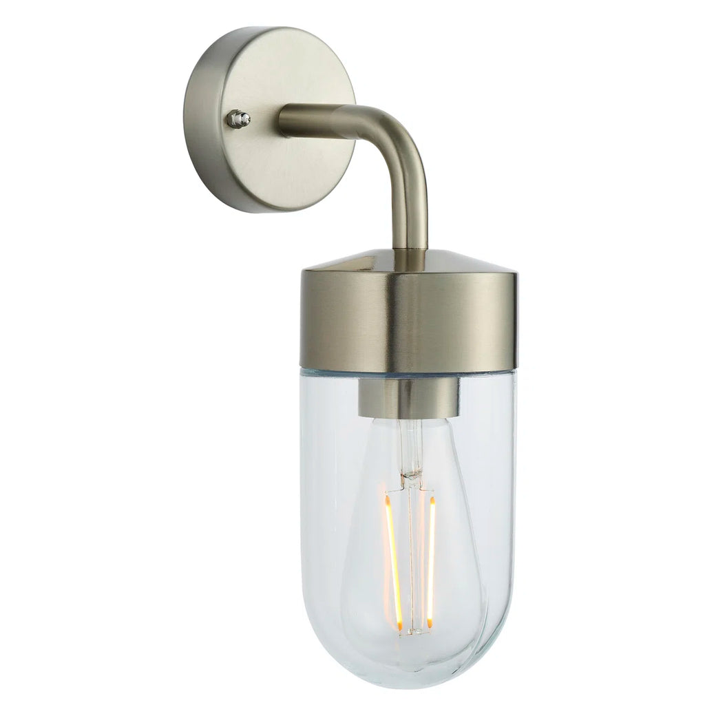 Myla 21cm H outdoor wall lantern by TheChandelierCo featuring a black metal frame and clear glass panels.