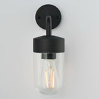 Myla 21cm H outdoor wall lantern by TheChandelierCo featuring a classic design with clear glass panels and black metal finish.