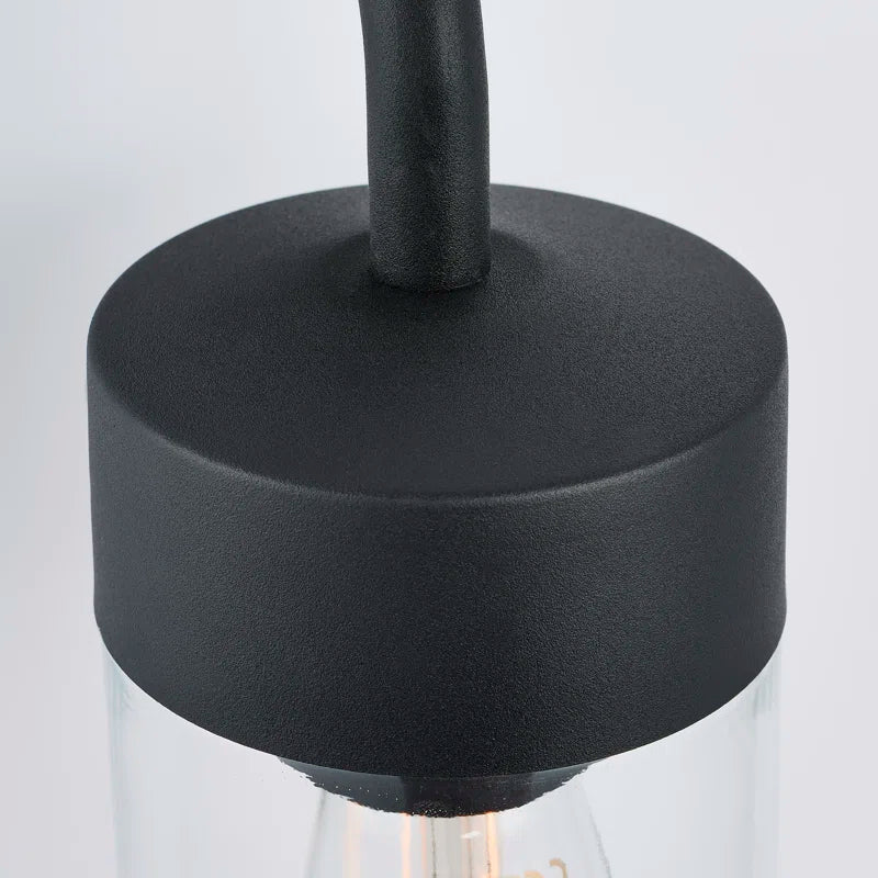 Myla 21cm H outdoor wall lantern by TheChandelierCo featuring a black metal frame and clear glass panels for exterior lighting.