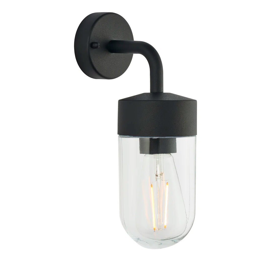 Myla 21cm H outdoor wall lantern by TheChandelierCo featuring a classic black metal finish and clear glass panels for outdoor lighting.