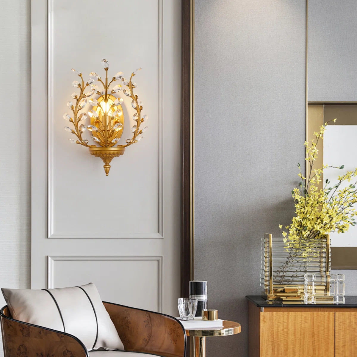 1 - Light Dimmable Gold Crystal Flush Mounted Sconce
