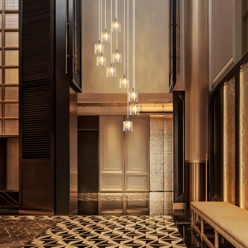 Modern pendant light by TheChandelierCo with 10 G9 glass crystal bulbs, adjustable height, perfect for contemporary living spaces.