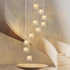 Modern pendant light with 10 G9 glass crystal bulbs, adjustable height, hanging chandelier for stylish interior illumination.