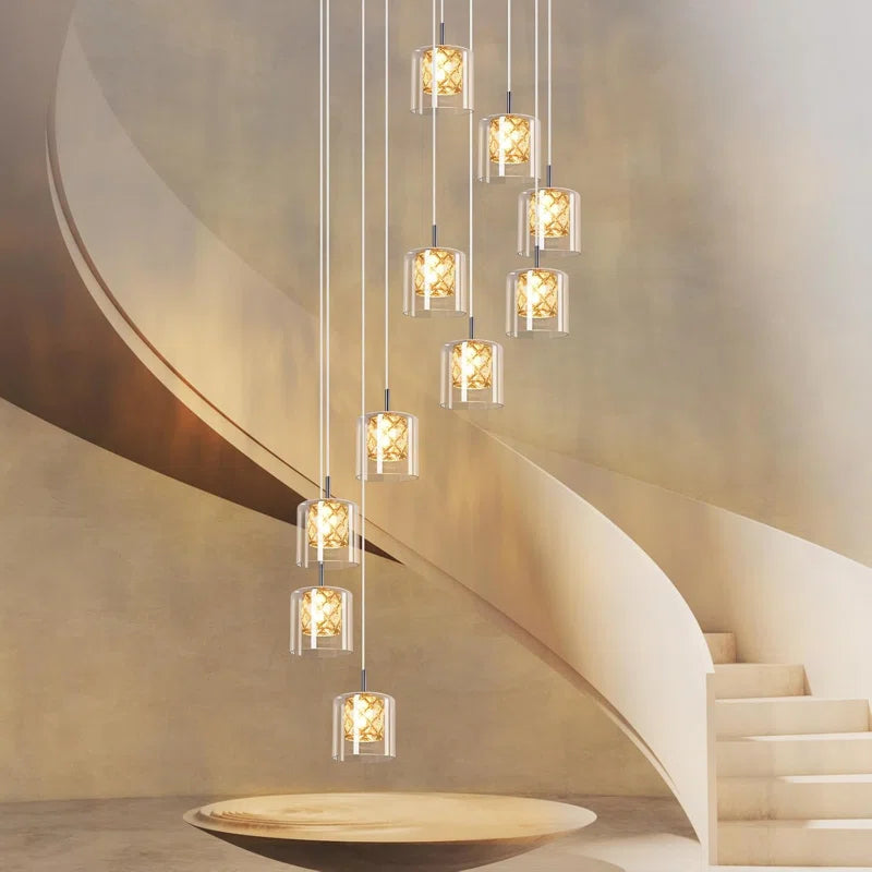Modern pendant light with 10 G9 glass crystal bulbs, adjustable height, hanging chandelier for stylish interior illumination.