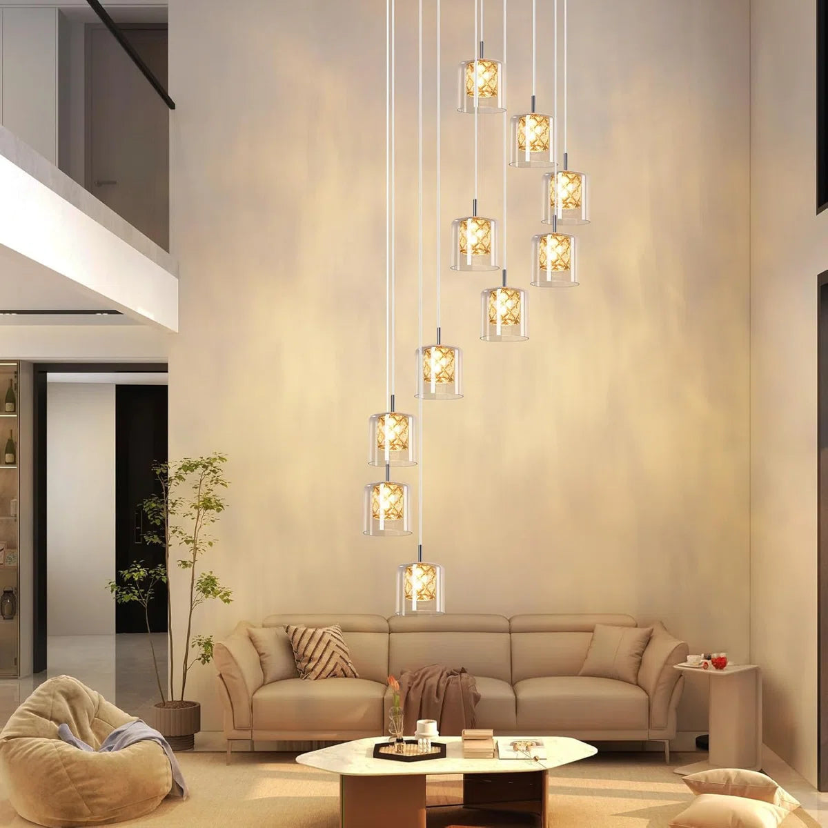 Modern pendant chandelier with 10 G9 glass crystal lights, adjustable height, hanging fixture by TheChandelierCo.