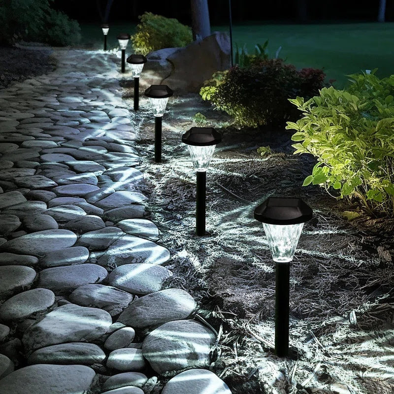 Set of ten plastic solar-powered pathway lights by TheChandelierCo, with solar panels and LED bulbs for outdoor lighting.
