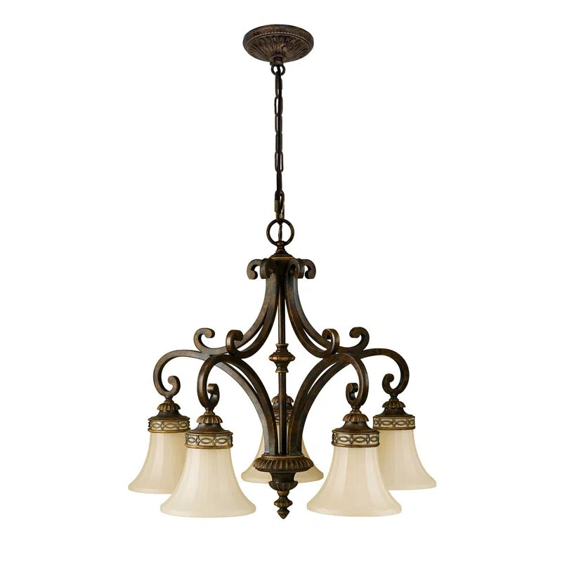 Light shaded Pritzker 5 chandelier by TheChandelierCo with elegant design and multiple light fixtures hanging from a sleek frame.