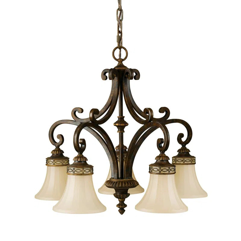 Light shaded chandelier from the Pritzker 5 collection by TheChandelierCo, featuring elegant design and soft illumination.