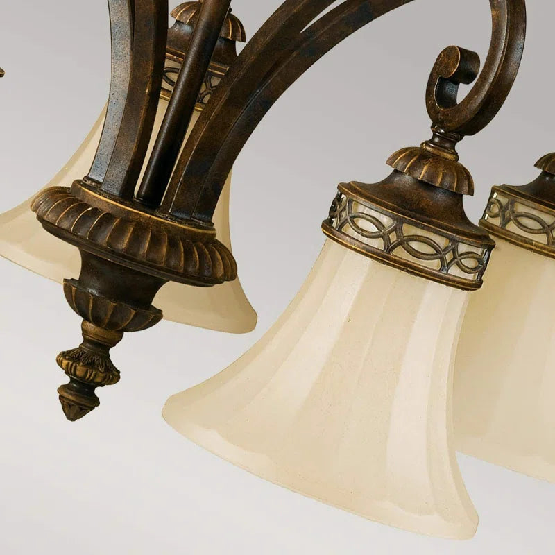Light shaded chandelier from the Pritzker 5 collection by TheChandelierCo, featuring elegant design and intricate light fixtures.