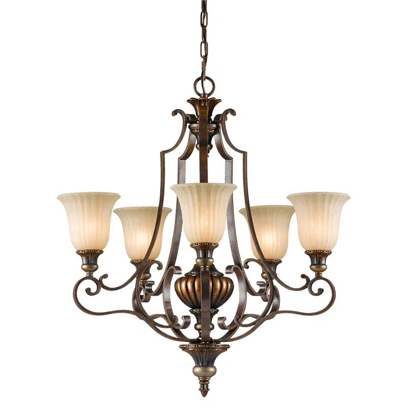 Pulaski 5-light shaded chandelier by TheChandelierCo featuring a classic design with light-colored shades and elegant metalwork.