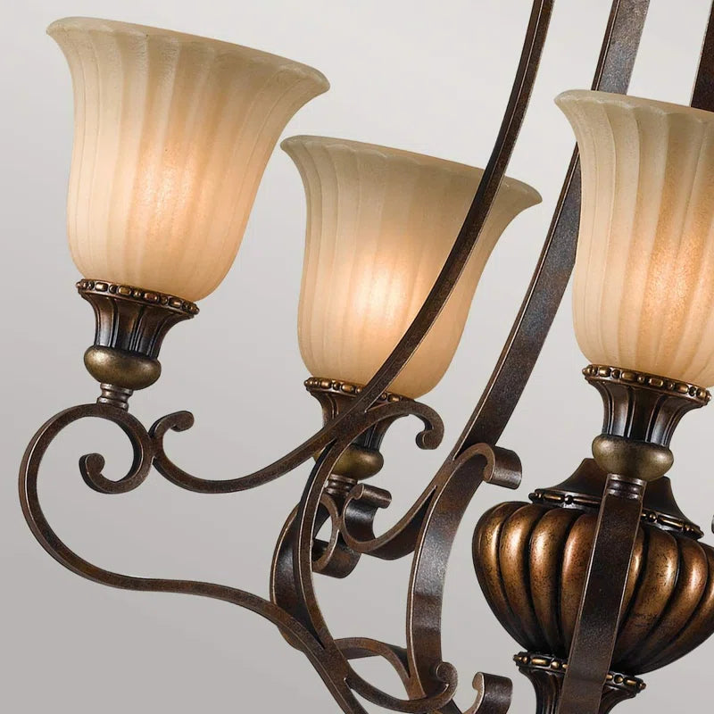 Light shaded Pulaski 5 chandelier from TheChandelierCo with elegant glass shades and intricate metal frame design.