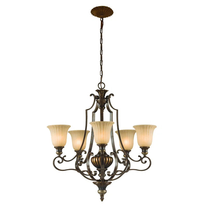 Pulaski 5-light shaded chandelier by TheChandelierCo featuring a classic design with light-colored shades and elegant metal framework.