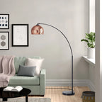 Rose gold Bonita Arquer 66.93-inch arc floor lamp with faux black marble base and black bell shade, by TheChandelierCo.