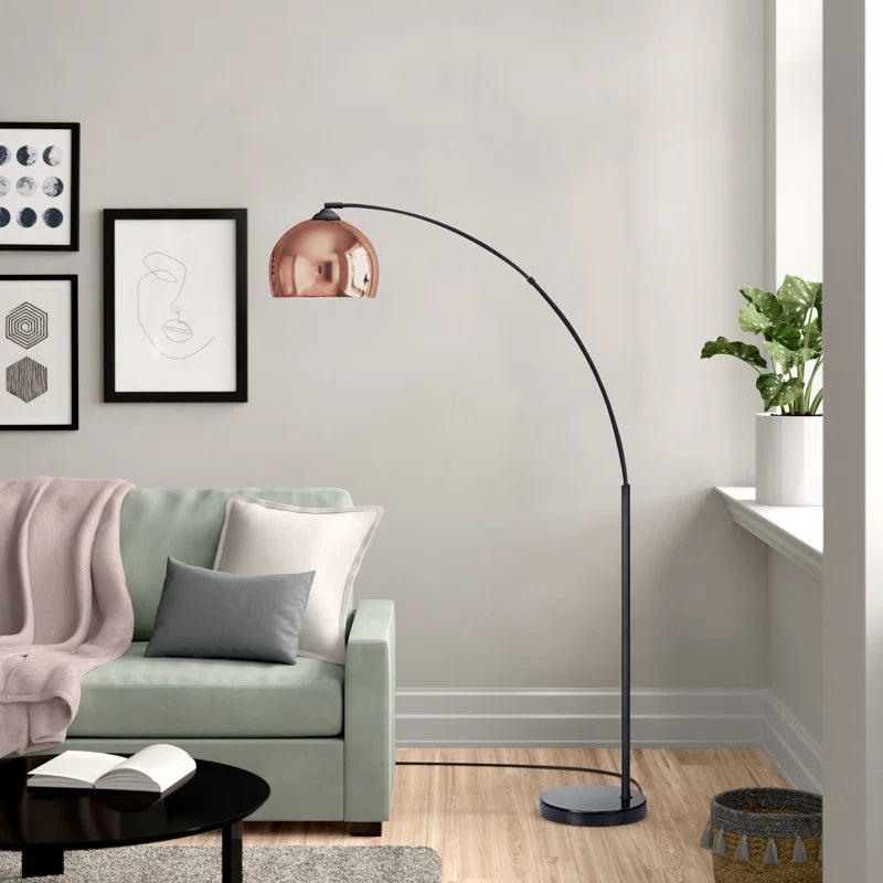 Rose gold Bonita Arquer 66.93-inch arc floor lamp with faux black marble base and black bell shade, by TheChandelierCo.