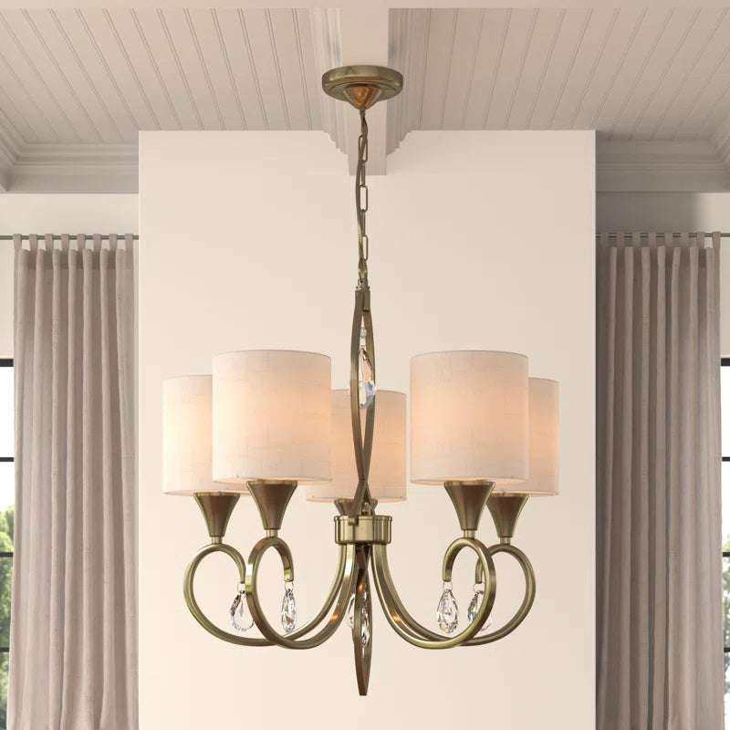 Light shaded chandelier from the Sangerfield 5 collection by TheChandelierCo, featuring elegant design and multiple light fixtures.