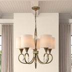 Light shaded chandelier from the Sangerfield 5 collection by TheChandelierCo, featuring elegant design and multiple light fixtures.