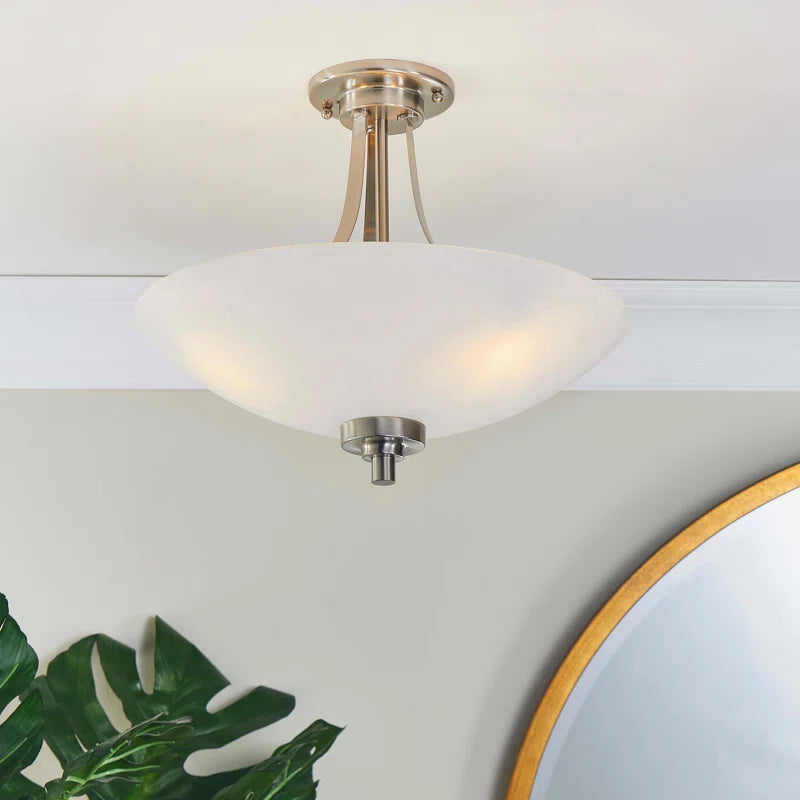 Satin chrome Miltiades glass semi-flush mount light fixture by TheChandelierCo with elegant glass shade and modern design.