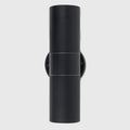 Set of two Schrager matte black outdoor armed sconces with four exposed bulbs, designed for exterior wall lighting.