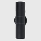 Set of two Schrager matte black outdoor armed sconces with four exposed bulbs, designed for exterior wall lighting.
