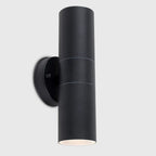 Set of two Schrager matte black outdoor armed sconces with four bulbs each, designed for exterior lighting and stylish illumination.