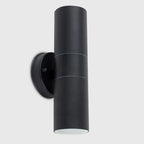 Set of two Schrager matte black outdoor armed sconces with four bulbs each, designed for exterior lighting.