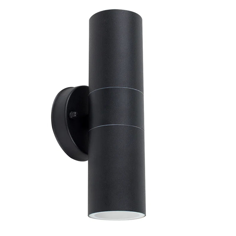 Set of two Schrager matte black outdoor armed wall sconces with four bulbs each, designed for stylish outdoor lighting.