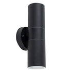 Set of two Schrager matte black outdoor armed wall sconces with four bulbs each, designed for stylish outdoor lighting.