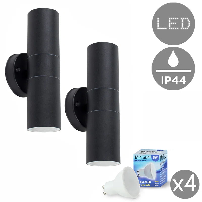 Set of two Schrager matte black outdoor armed sconces with four bulbs, wall-mounted lighting fixtures for exterior use.