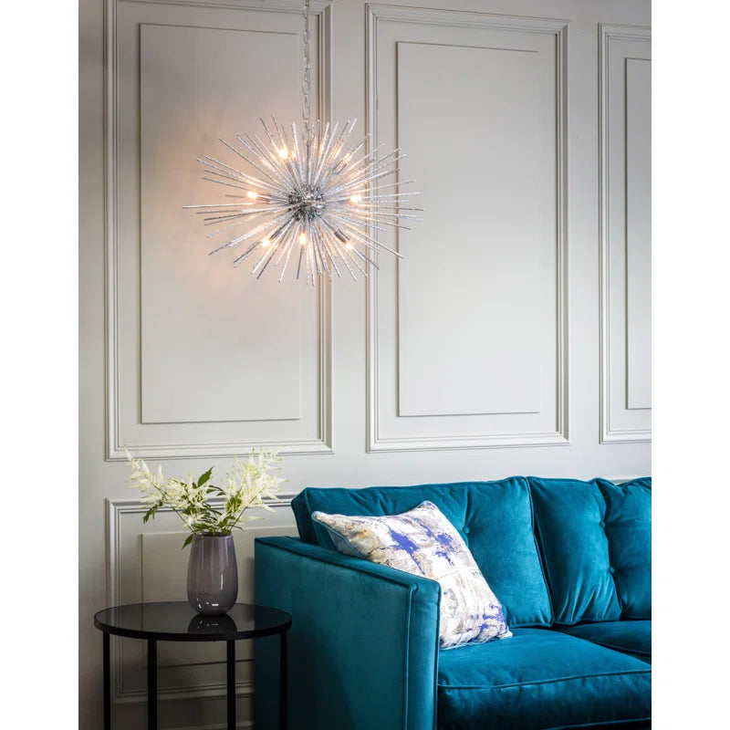 Sherlyn 9 Light Sputnik Chandelier by TheChandelierCo featuring a modern design with multiple adjustable arms and globe lights.