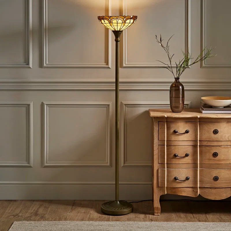 Slocumb 169 cm Tiffany Jewel Uplighter Floor Lamp with stained glass shade and bronze finish, standing tall for elegant lighting.