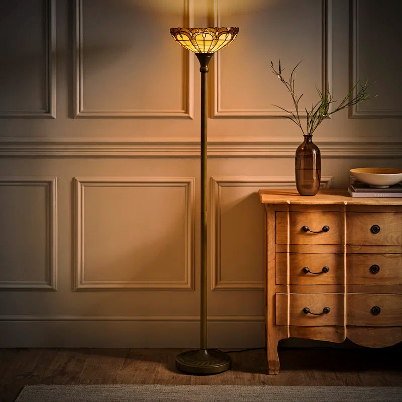 Slocumb 169 cm Tiffany Jewel Uplighter Floor Lamp with colorful stained glass shade and elegant metal base.